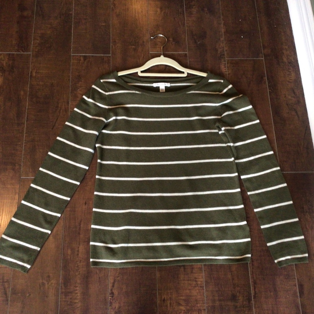 Ladies Pima cotton/merino wool blend sweater. Green/cream stripes Sz medium